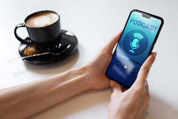 Podcast Playing Or Recording Application On Mobile Phone Screen.