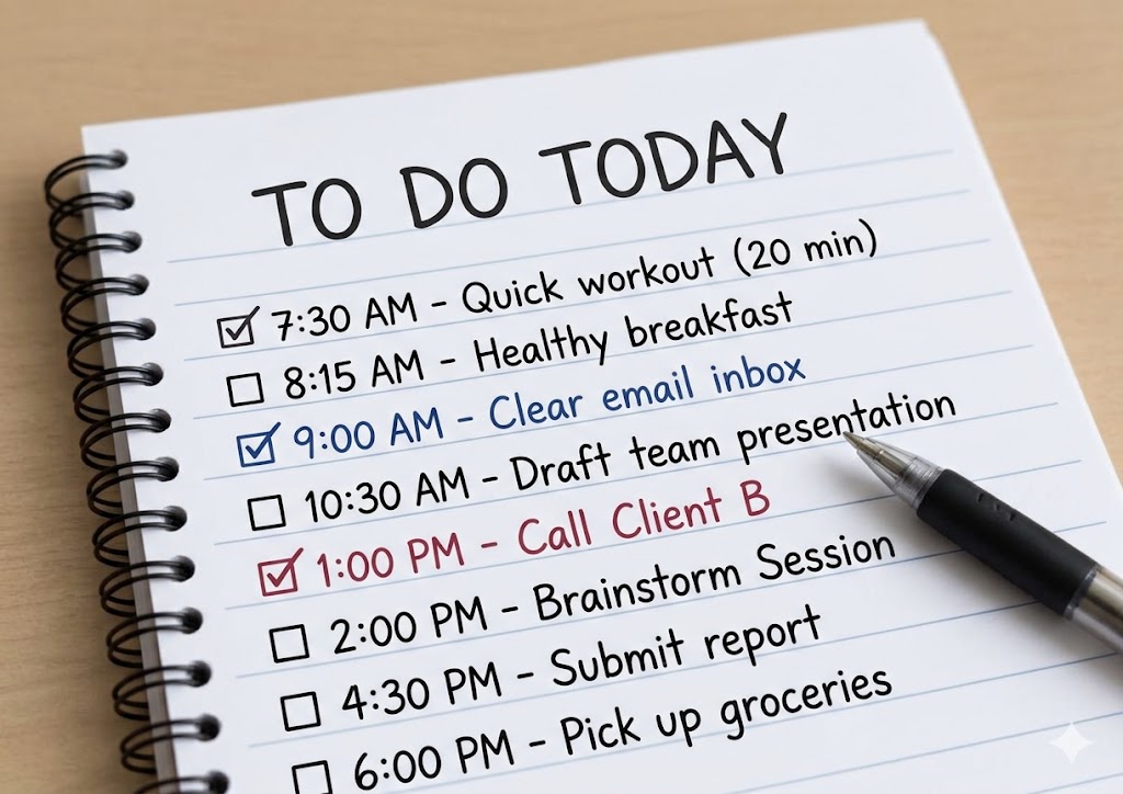 A detailed to-do list for a busy day neatly written in a notebook with checked tasks and a pen.