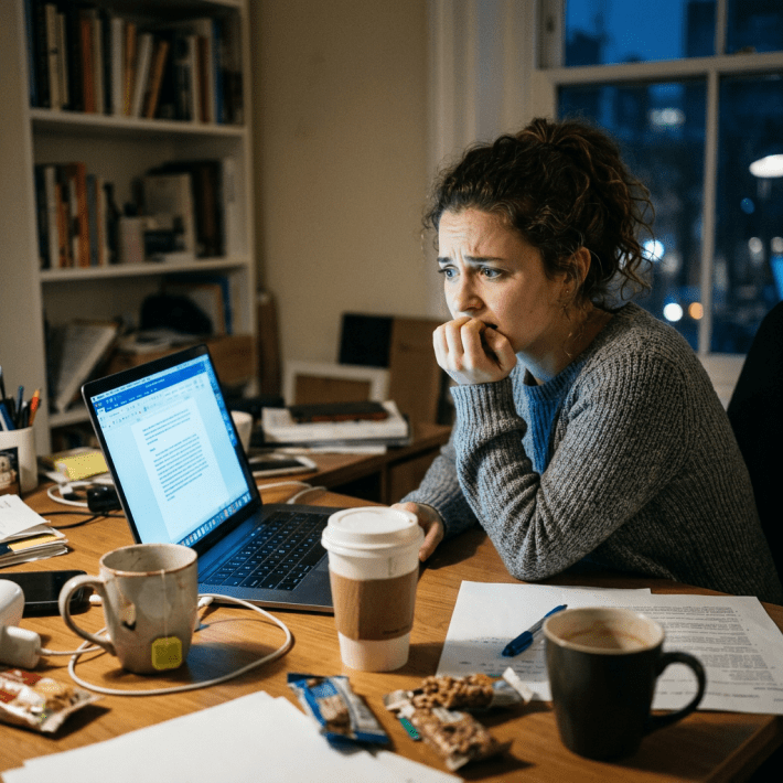Woman looking stressed while working on laptop with coffee and snacks