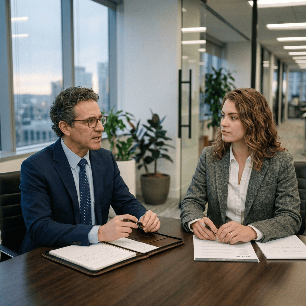 Two business professionals reviewing documents at an office table