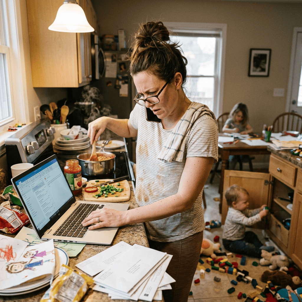 Parent cooking while using a laptop as children play and study nearby