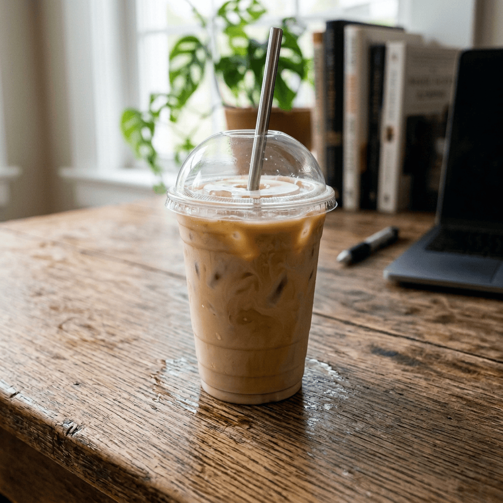 Glass of iced coffee with cream beside a laptop on a wooden desk