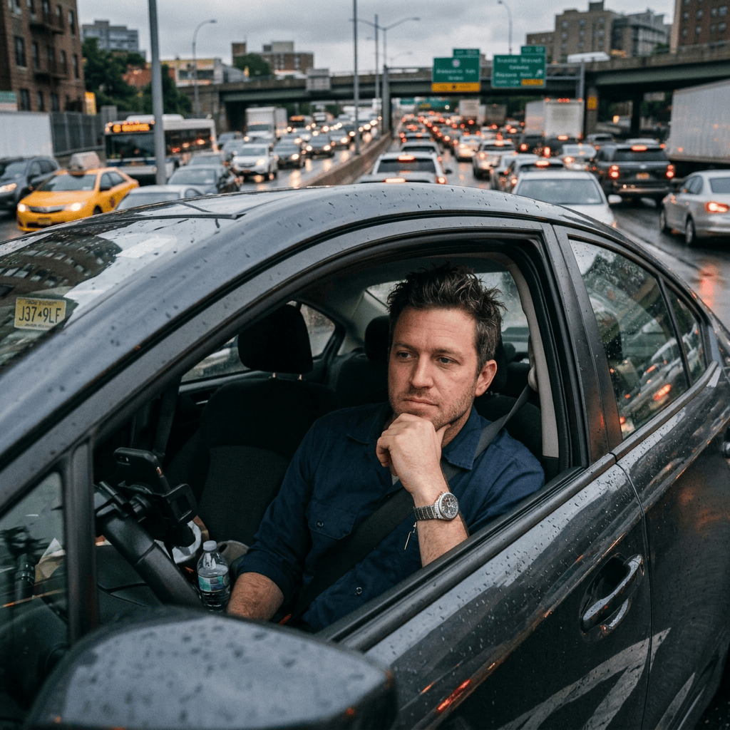 Frustrated driver sitting in a car during rainy traffic congestion