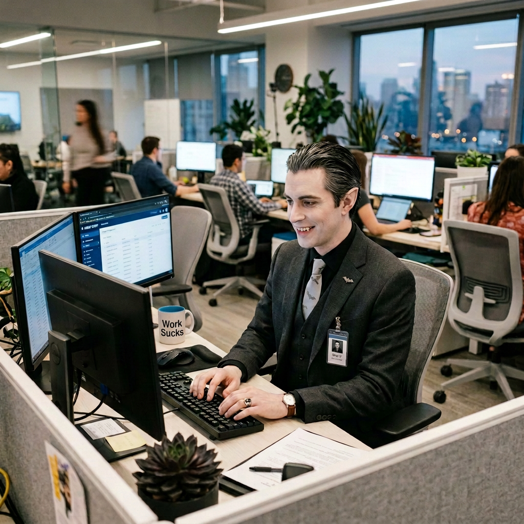 Focused Professional Workday In Modern Office Man in suit typing at a computer in a modern office